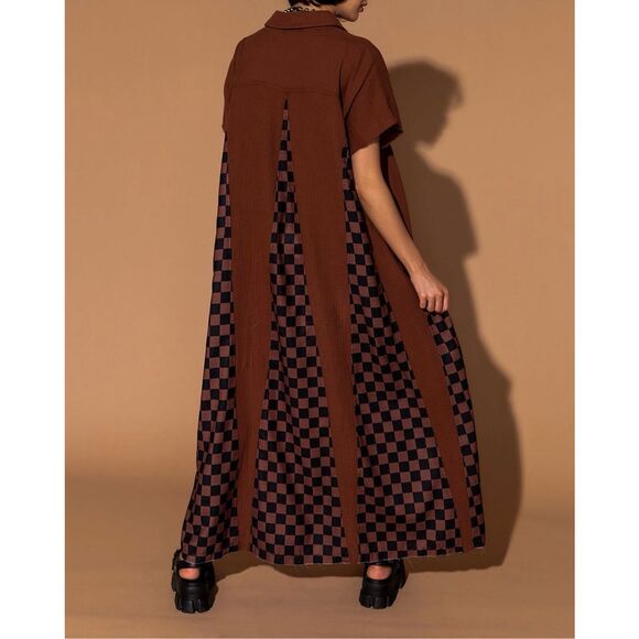 Dressed in LALA California Cool Oversized Brown & Black Checkered Maxi Dress XS - Picture 3 of 11